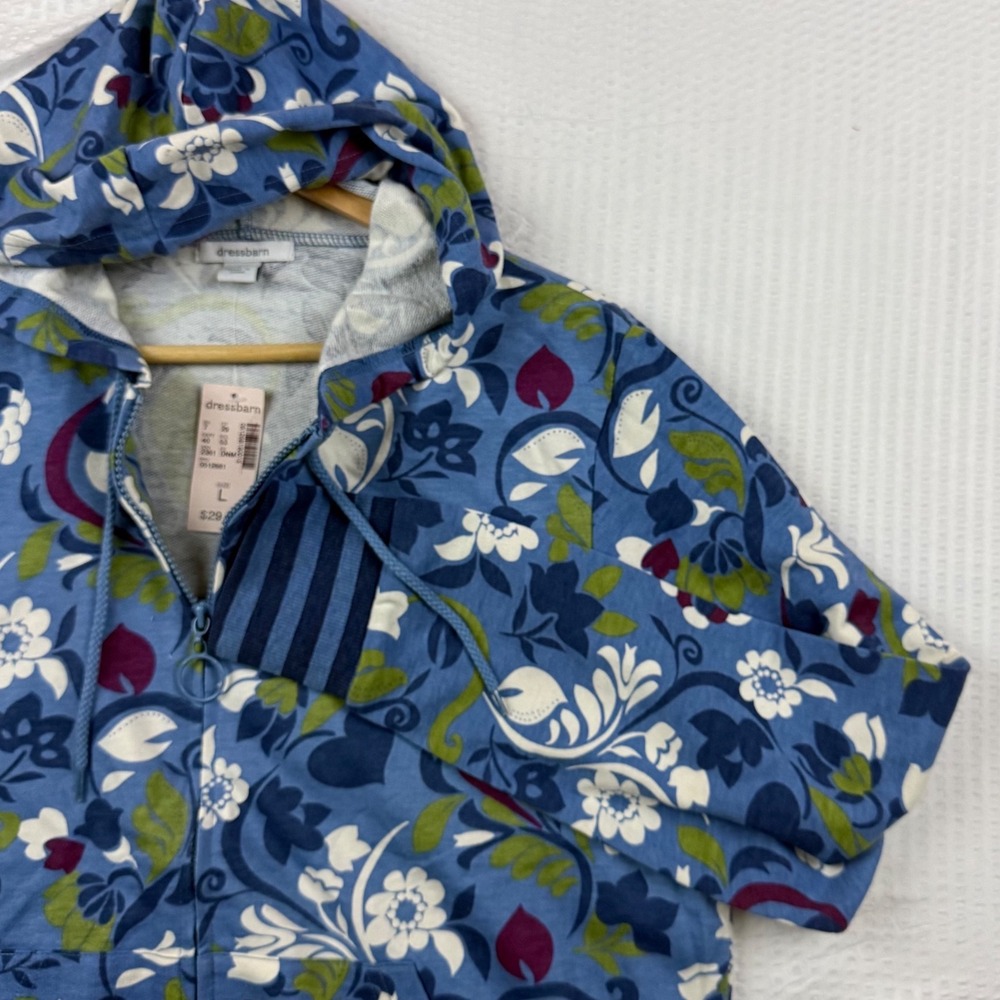 Dressbarn Blue Floral Full Zip Hoodie Sweatshirt Striped Trim Large NWT